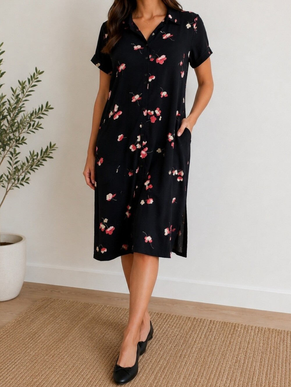 J.Jill button up collared shirt dress cherry blossom floral medium feminine